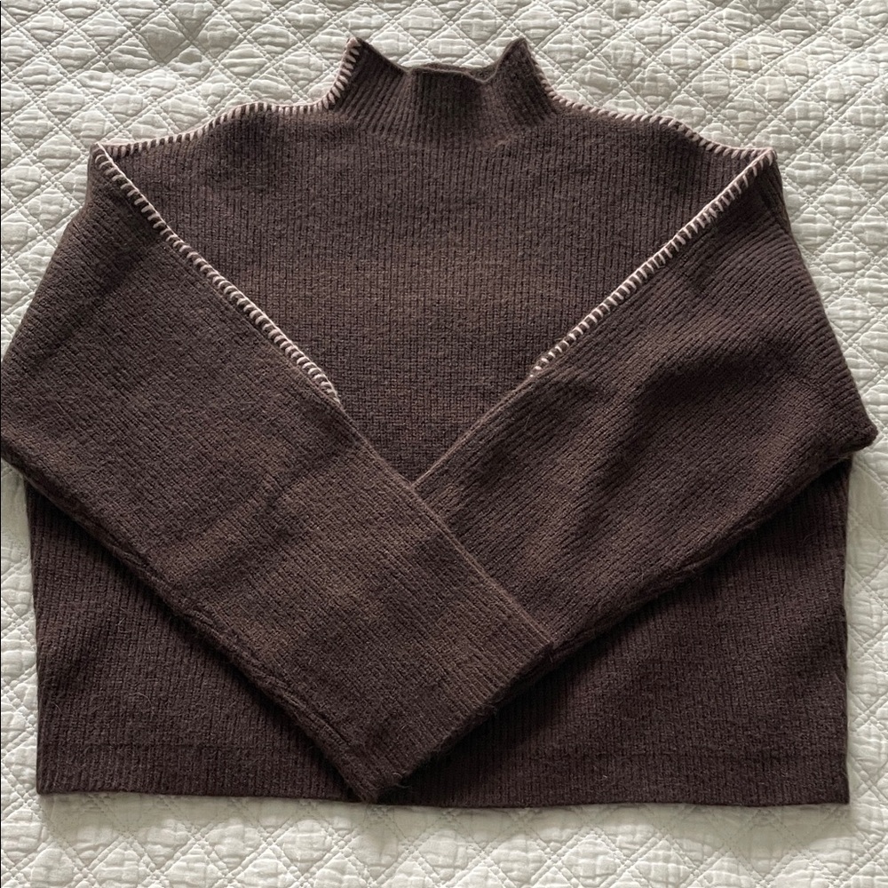 NWOT Anthropologie Brown Cropped Women’s Mock Neck Sweater with Stitching
